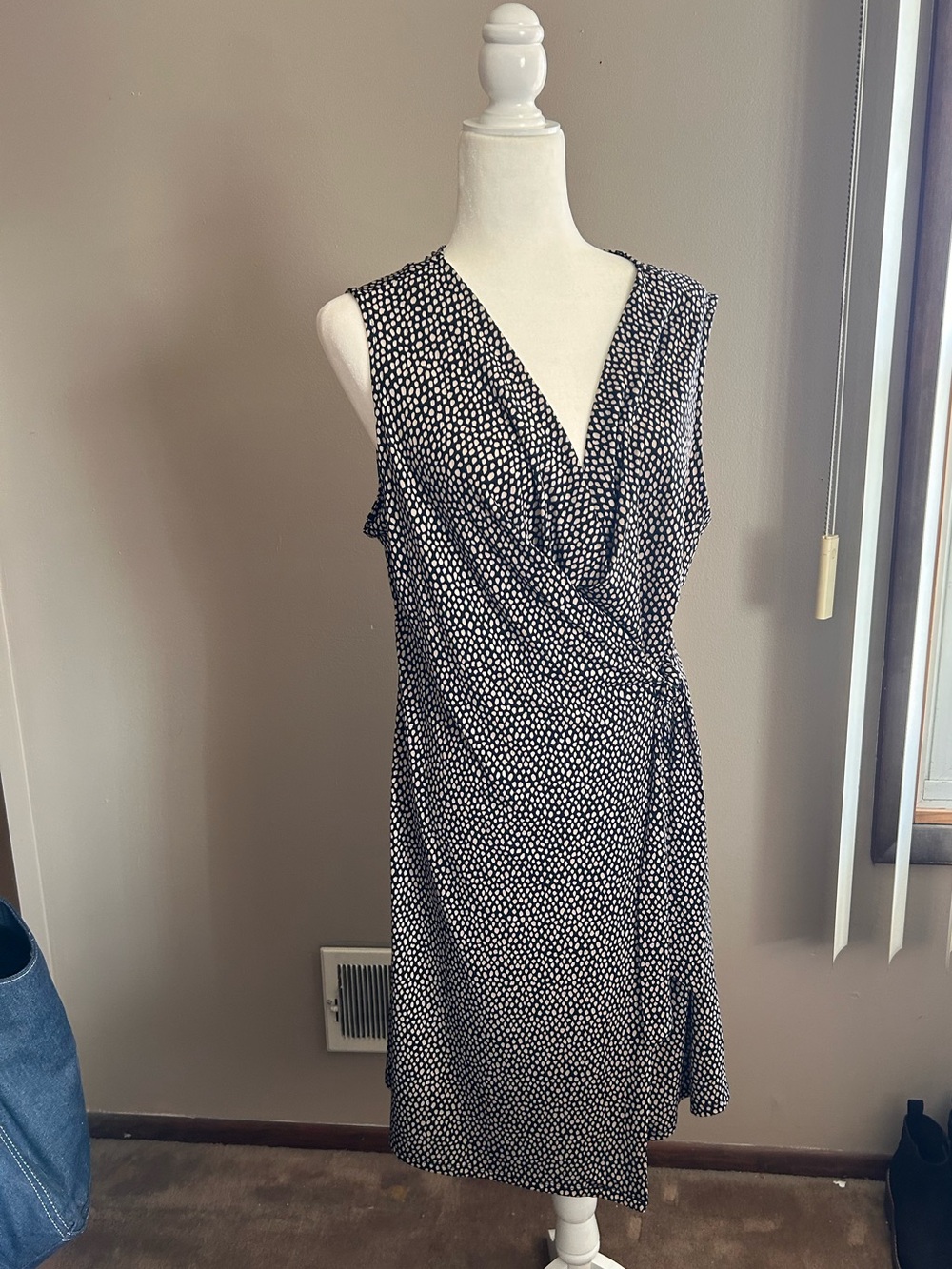 Dana Buchman Black and White Polka-Dot Faux Wrap Midi Dress